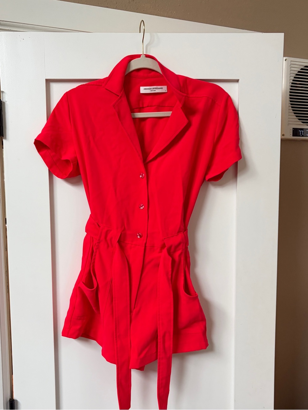 Amanda Uprichard Bright Red Short-Sleeve Tie-Waist Romper Size XS